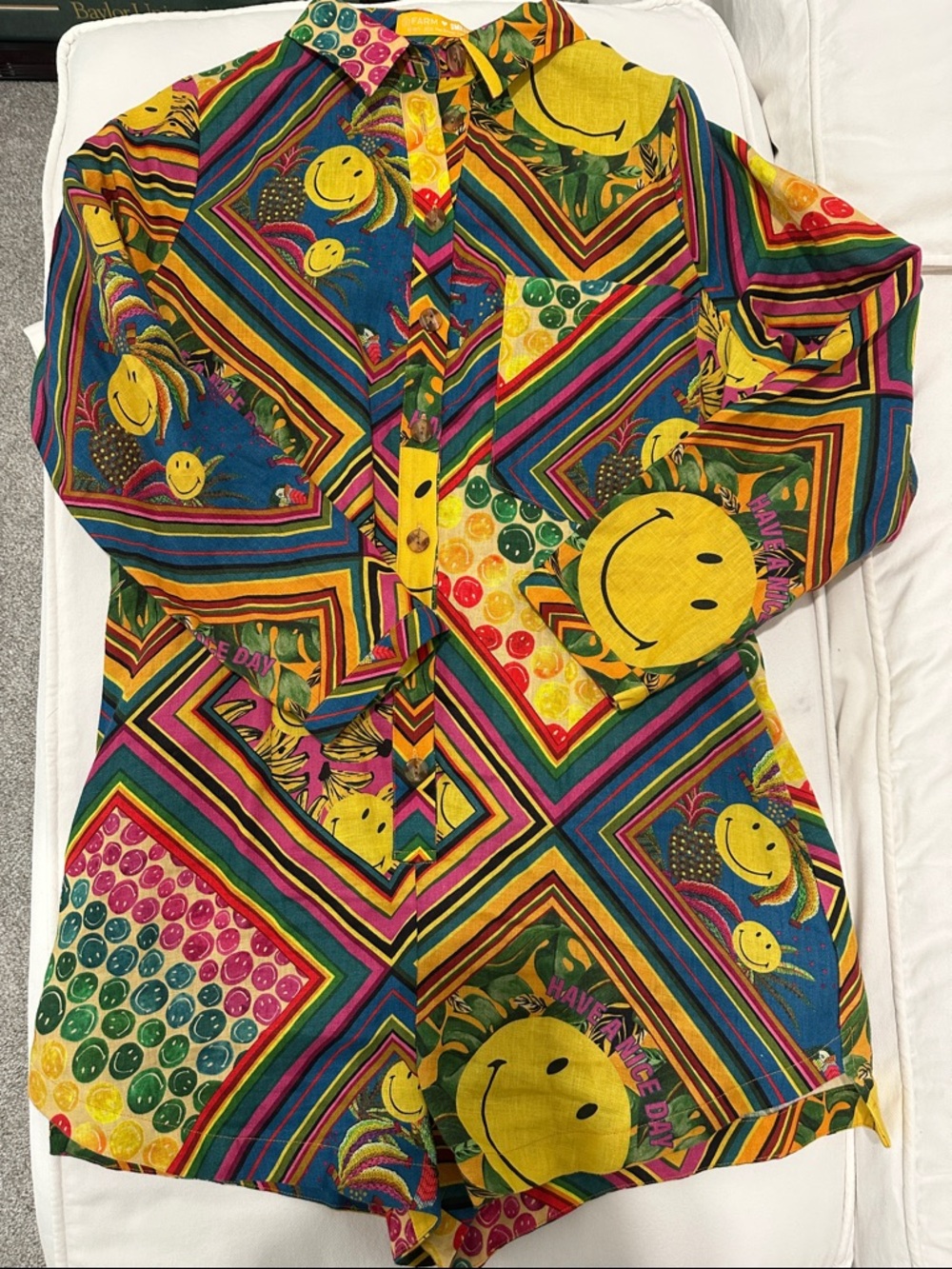 Farm Rio Smiley Face Button-Up Romper with Multicolor Geometric Print.